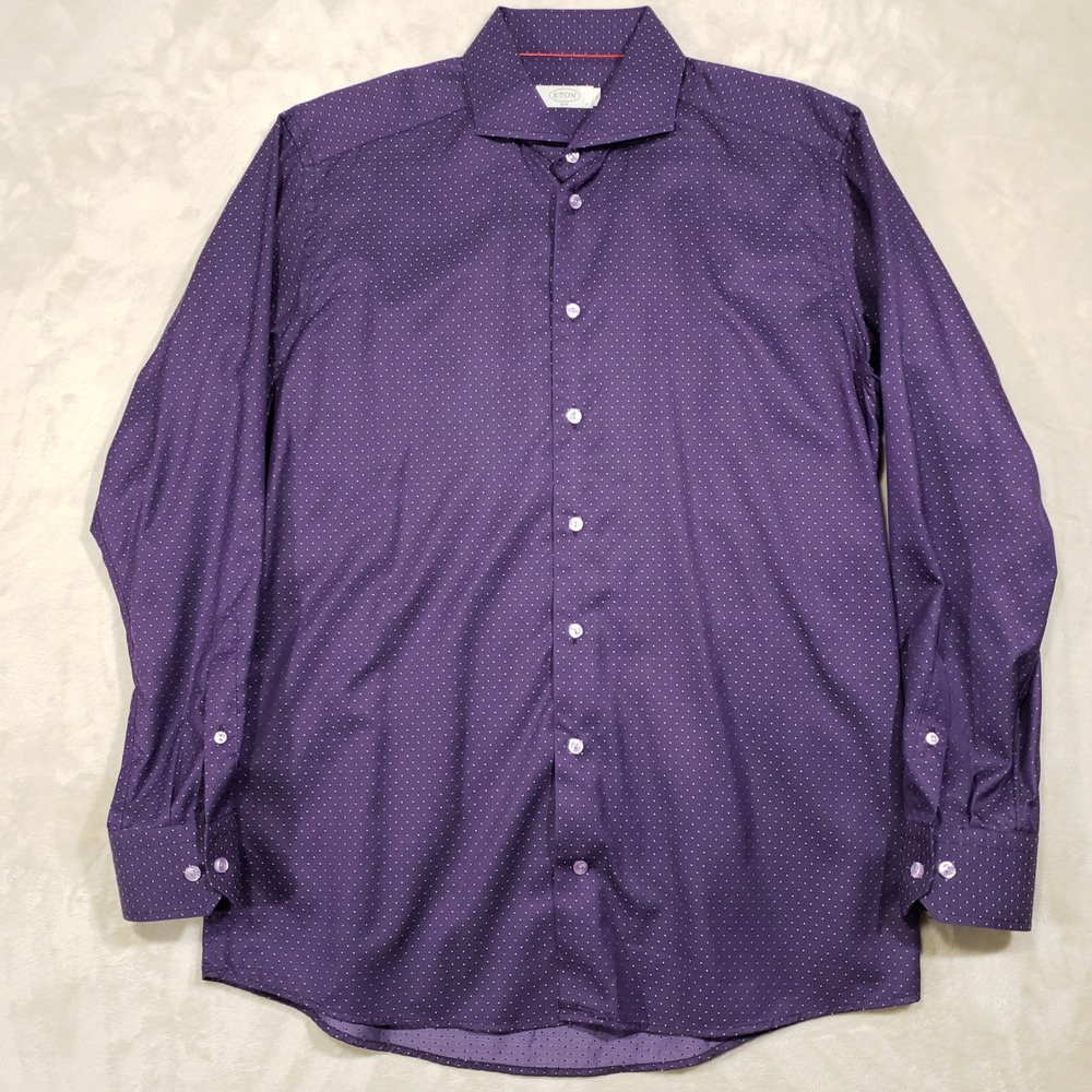 Eton Dress Shirt Mens 17 43 XL Purple Polka Dot Slim‎ Cambridge Convertible Cuff